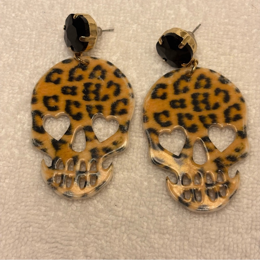 Leopard Skull Earrings with Black Accents